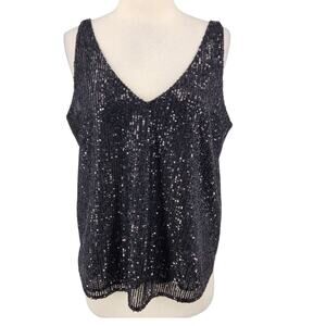 LOFT Top – Black Sequin Sheer Tank with V-Neck Front & Back